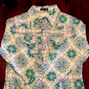 Wrangler Rock 47 turquoise floral sparkly snap rodeo shirt size medium